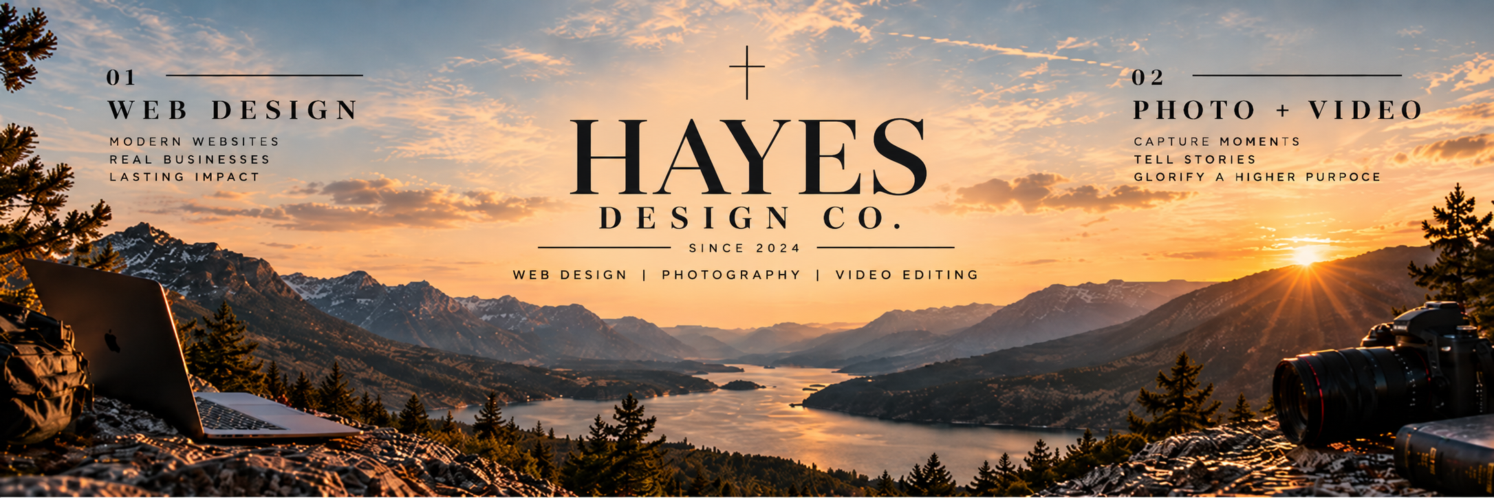 Original Hayes Design Co. banner: golden mountain valley, cross, laptop and camera